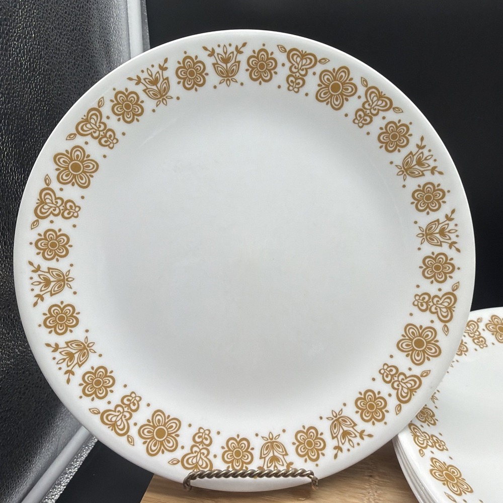 Set of 4 Vintage Corelle Butterfly Gold Flowers Vitrelle 10 1/4" Dinner Plates